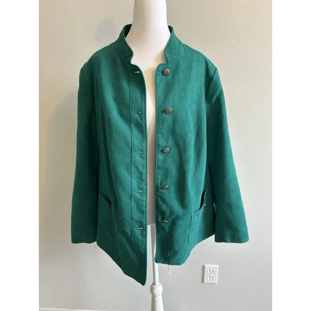 VTG 80s faux suede Coat Emerald Green Jacket Asian Blazer Office Soft Comfy 18W